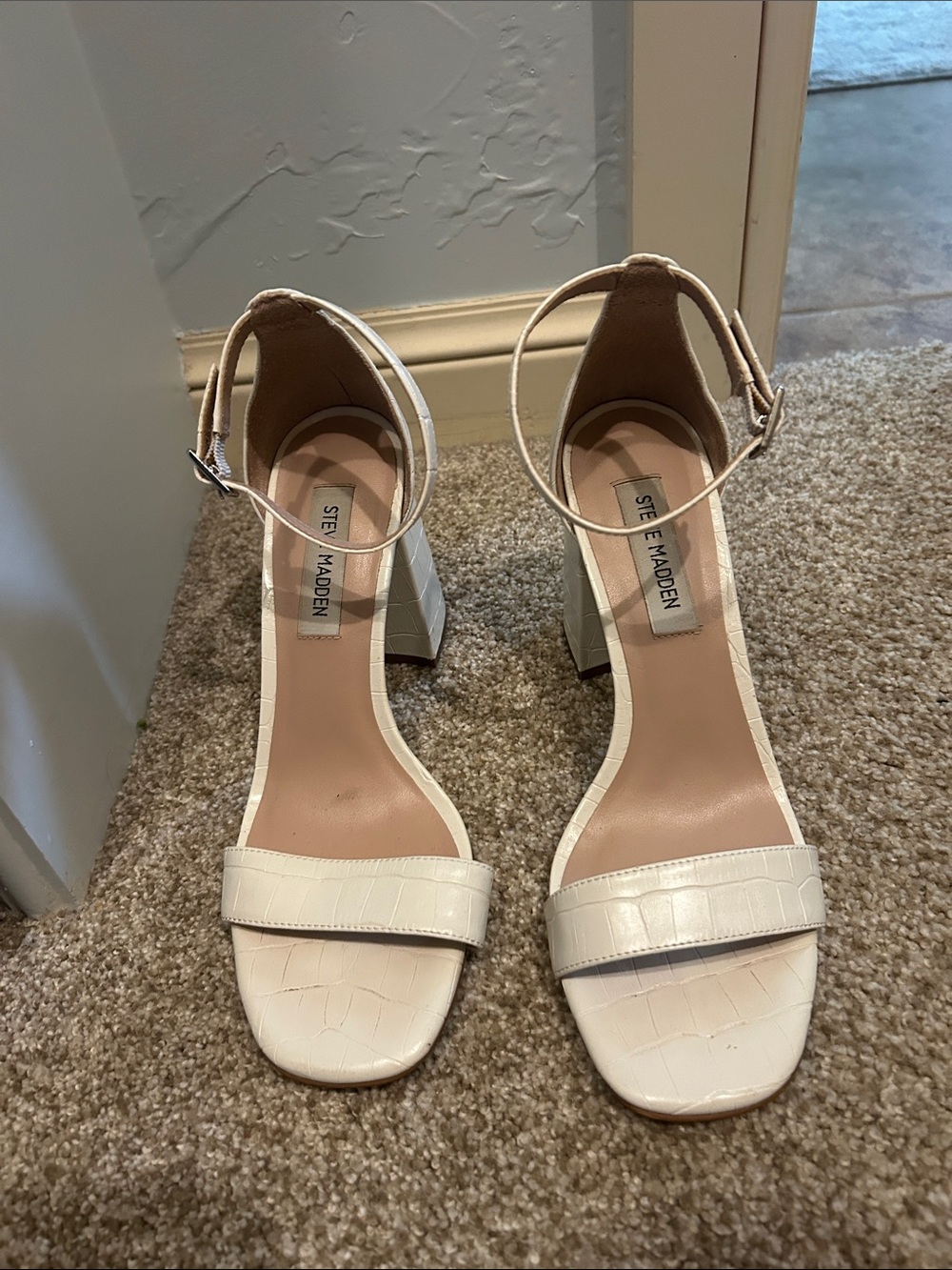 Steve Madden Off-White Croc-Embossed Ankle-Strap Block Heels